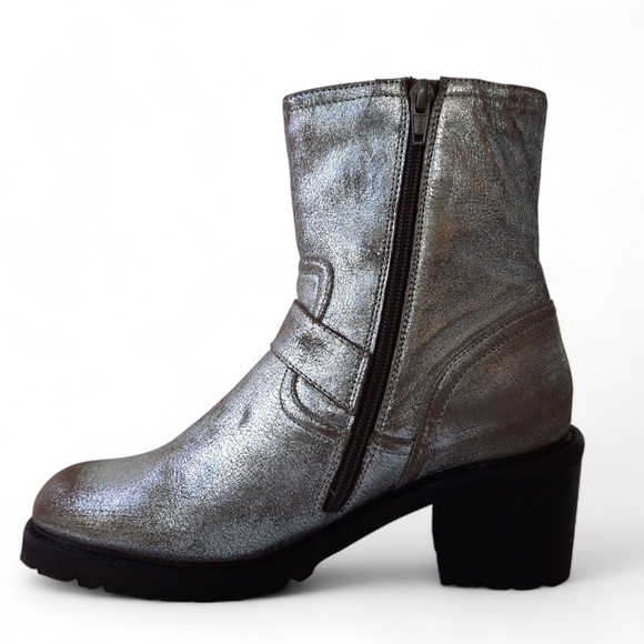 SEYCHELLES Distressed Pewter Moto Combat Chunky Ankle Biker Boot Cowboy Carter - Picture 5 of 10